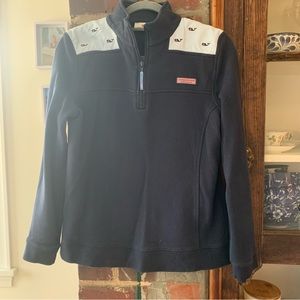 Vineyard Vines Pullover Quarter Zip Sweater Sz M Navy Blue Seersucker Whale